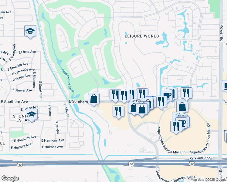 map of restaurants, bars, coffee shops, grocery stores, and more near 2363 Leisure World in Mesa