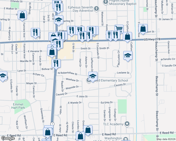 map of restaurants, bars, coffee shops, grocery stores, and more near 898 Adams Drive in Greenville