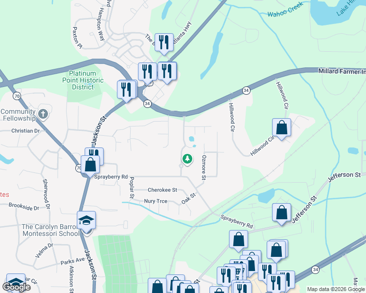 map of restaurants, bars, coffee shops, grocery stores, and more near 10 Casey Road in Newnan