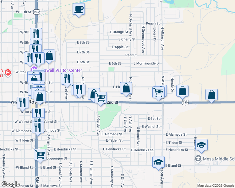 map of restaurants, bars, coffee shops, grocery stores, and more near 907 East 2nd Street in Roswell