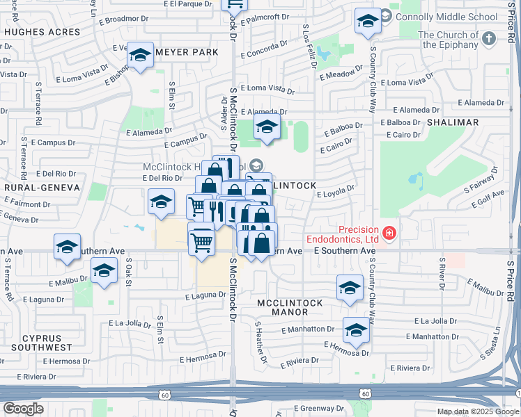 map of restaurants, bars, coffee shops, grocery stores, and more near 3141 South McClintock Drive in Tempe
