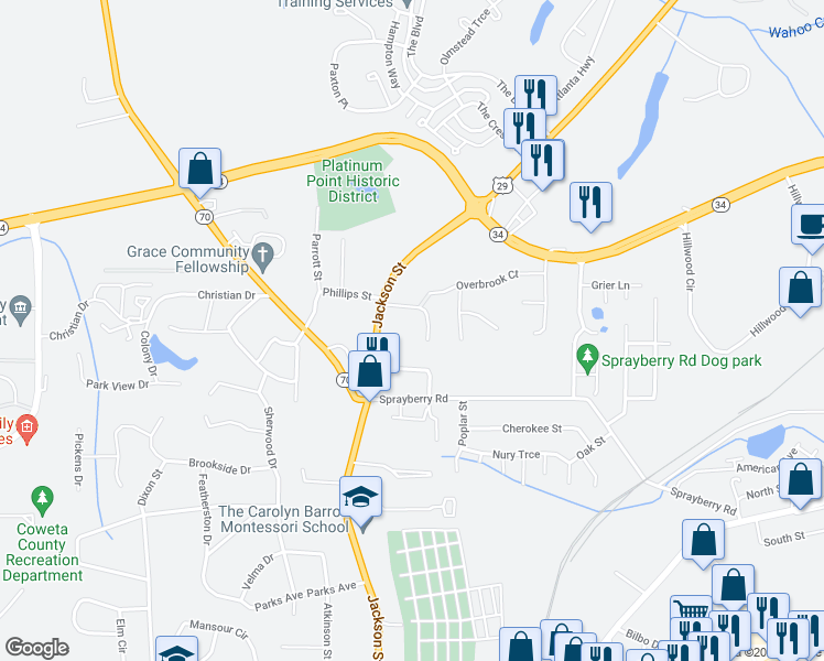 map of restaurants, bars, coffee shops, grocery stores, and more near 259 Jackson Street in Newnan