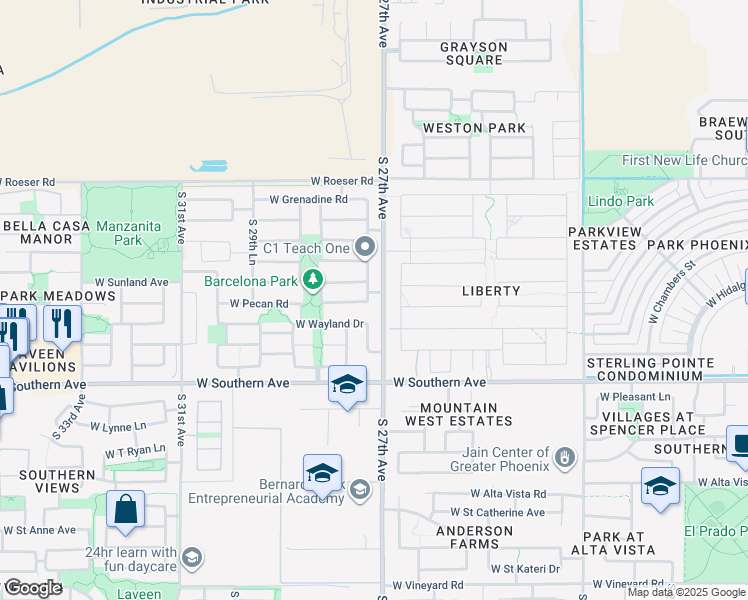 map of restaurants, bars, coffee shops, grocery stores, and more near 2716 West Wayland Drive in Phoenix