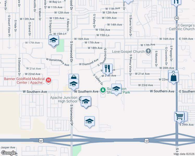 map of restaurants, bars, coffee shops, grocery stores, and more near 1237 West 21st Avenue in Apache Junction