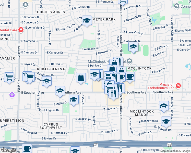 map of restaurants, bars, coffee shops, grocery stores, and more near 1522 East Southern Avenue in Tempe