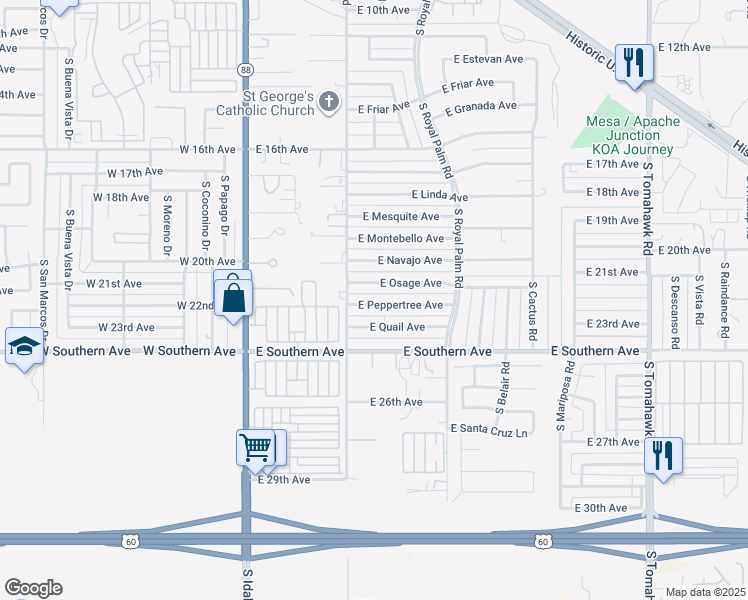 map of restaurants, bars, coffee shops, grocery stores, and more near 538 East Quail Avenue in Apache Junction
