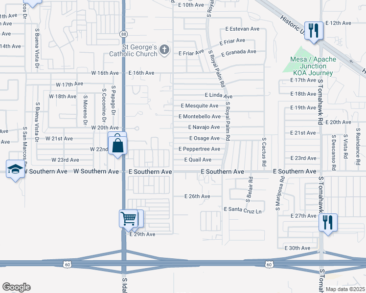 map of restaurants, bars, coffee shops, grocery stores, and more near 404 East Quail Avenue in Apache Junction