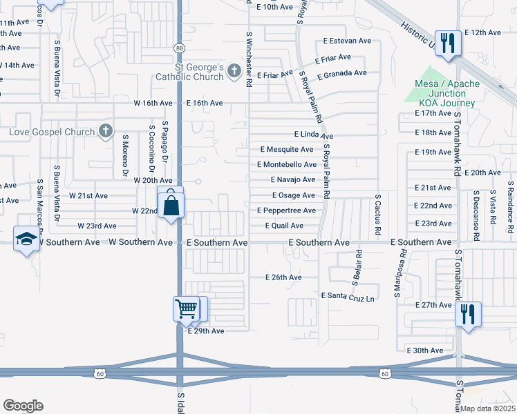 map of restaurants, bars, coffee shops, grocery stores, and more near 404 East Quail Avenue in Apache Junction