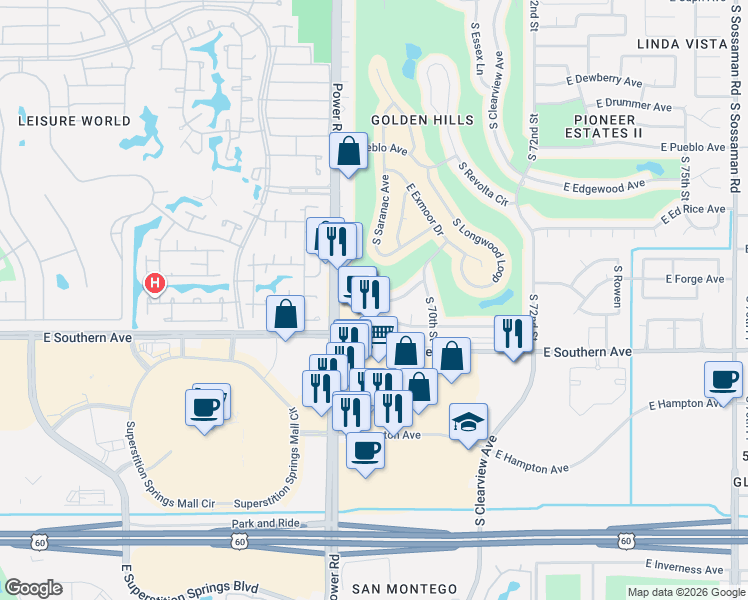 map of restaurants, bars, coffee shops, grocery stores, and more near 6869 East Flossmoor Avenue in Mesa