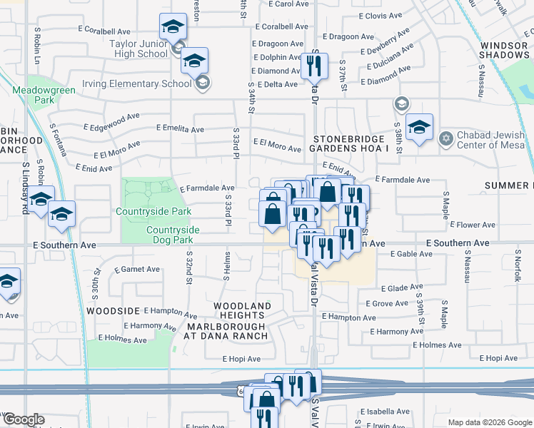map of restaurants, bars, coffee shops, grocery stores, and more near 3458 East Southern Avenue in Mesa