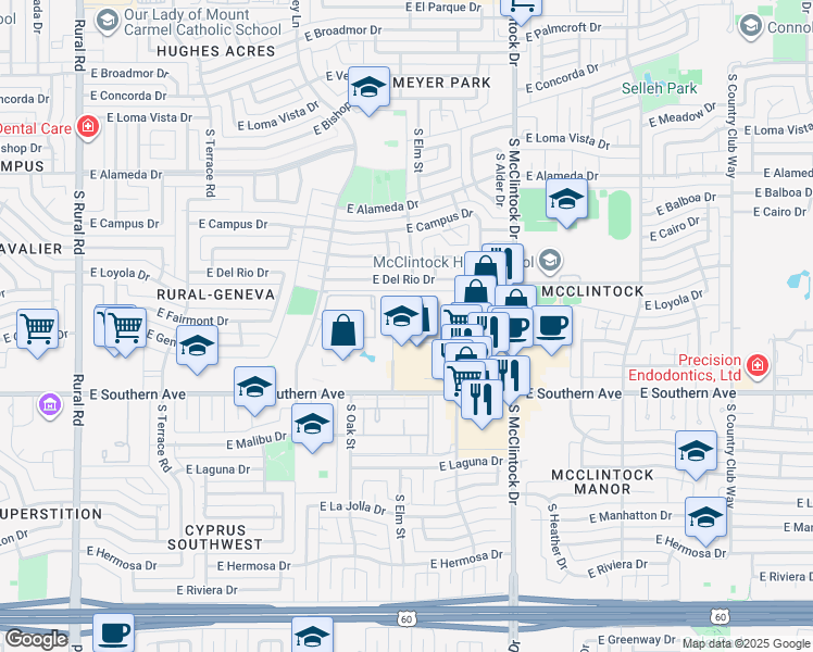 map of restaurants, bars, coffee shops, grocery stores, and more near 1538 East Southern Avenue in Tempe