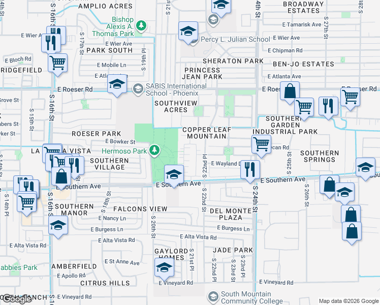 map of restaurants, bars, coffee shops, grocery stores, and more near 5721 South 21st Terrace in Phoenix