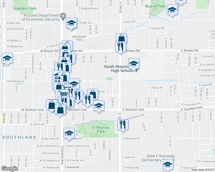 map of restaurants, bars, coffee shops, grocery stores, and more near 5635 South 5th Street in Phoenix