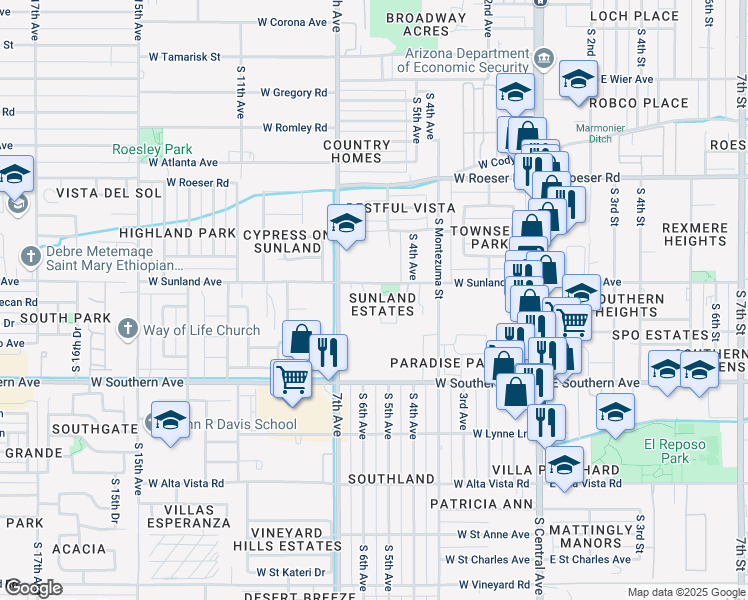 map of restaurants, bars, coffee shops, grocery stores, and more near 5637 South 5th Drive in Phoenix