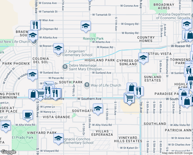 map of restaurants, bars, coffee shops, grocery stores, and more near 5635 South 14th Avenue in Phoenix