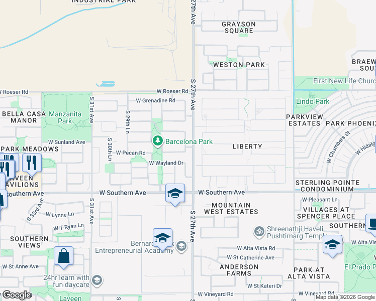 map of restaurants, bars, coffee shops, grocery stores, and more near 2716 West Wayland Drive in Phoenix