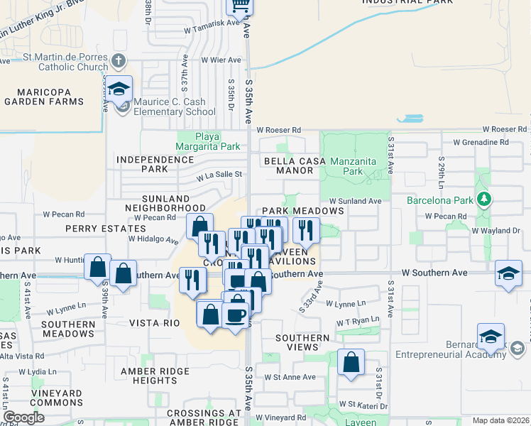 map of restaurants, bars, coffee shops, grocery stores, and more near 3429 West Wayland Drive in Phoenix