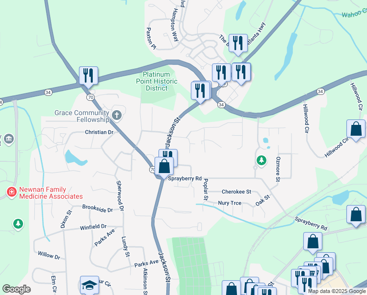 map of restaurants, bars, coffee shops, grocery stores, and more near 12 Columbus Circle in Newnan