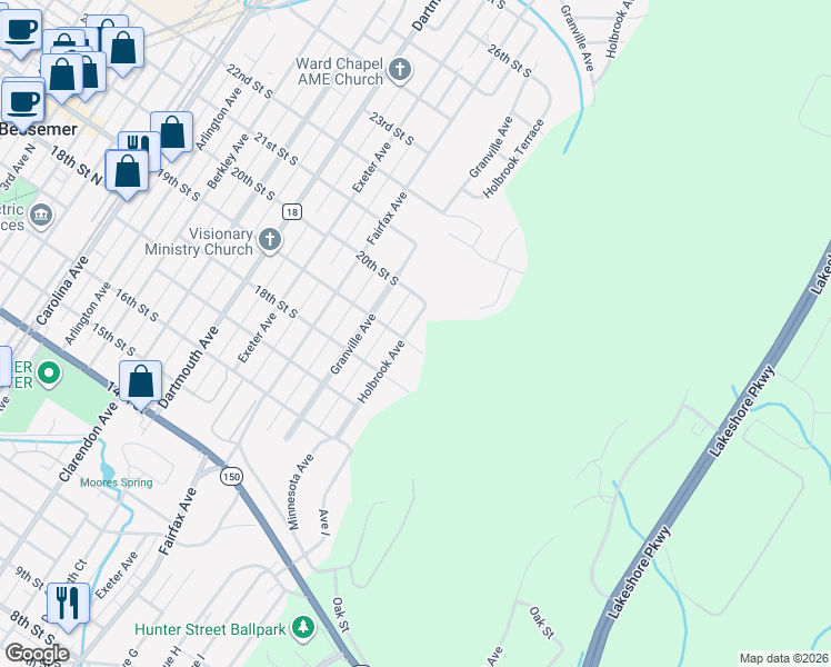 map of restaurants, bars, coffee shops, grocery stores, and more near 1907 Holbrook Avenue in Bessemer