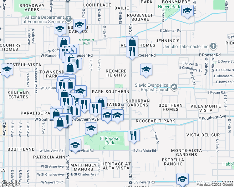 map of restaurants, bars, coffee shops, grocery stores, and more near 5635 South 5th Street in Phoenix