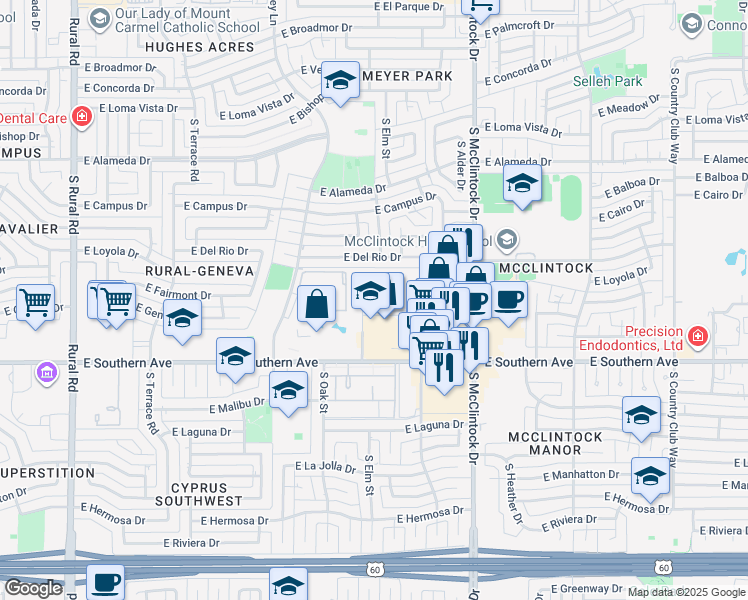 map of restaurants, bars, coffee shops, grocery stores, and more near 1538 East Southern Avenue in Tempe