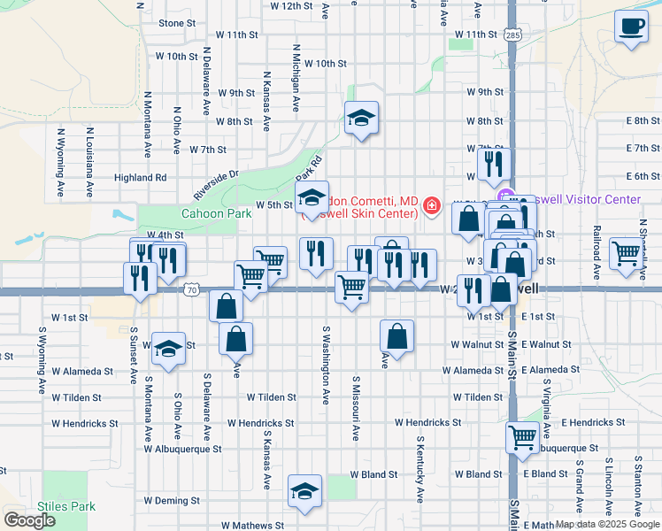 map of restaurants, bars, coffee shops, grocery stores, and more near 200-298 N Washington Ave in Roswell
