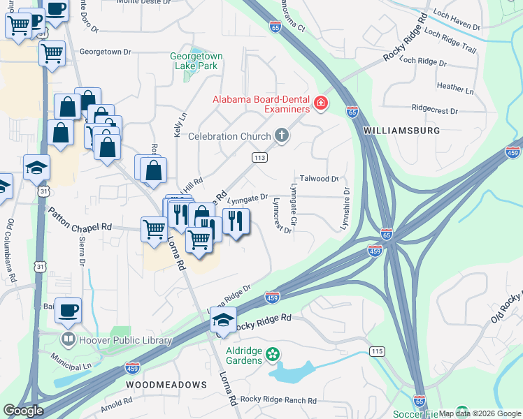 map of restaurants, bars, coffee shops, grocery stores, and more near 3525 Lorna Ridge Drive in Birmingham
