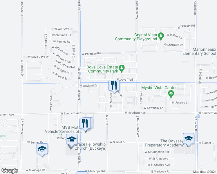map of restaurants, bars, coffee shops, grocery stores, and more near 24893 West Wayland Drive in Buckeye