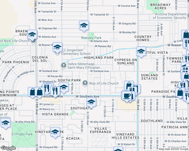 map of restaurants, bars, coffee shops, grocery stores, and more near 5635 South 14th Avenue in Phoenix