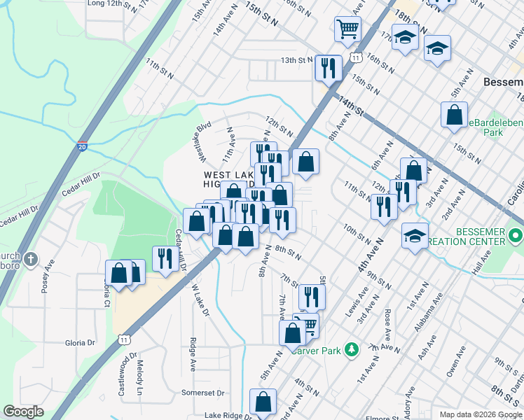 map of restaurants, bars, coffee shops, grocery stores, and more near 825 9th Avenue North in Bessemer