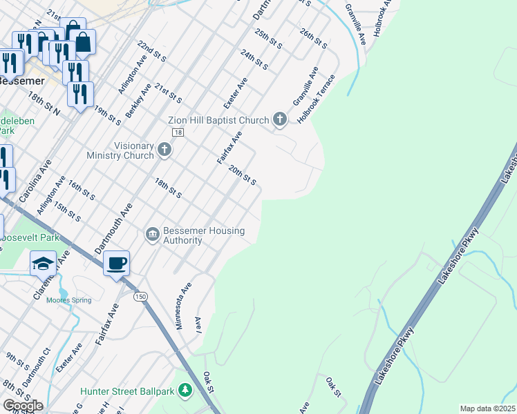 map of restaurants, bars, coffee shops, grocery stores, and more near 1827 Holbrook Avenue in Bessemer