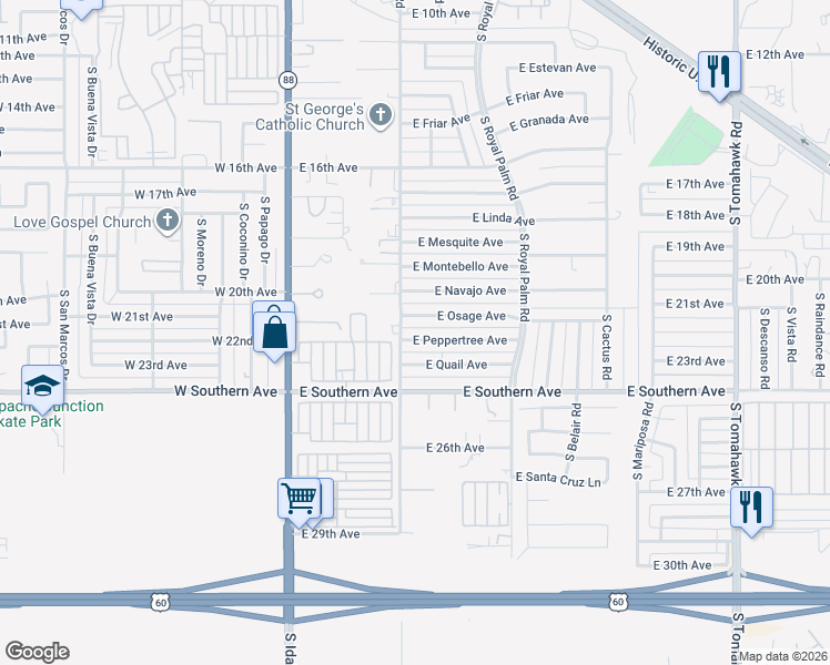 map of restaurants, bars, coffee shops, grocery stores, and more near 404 East Quail Avenue in Apache Junction