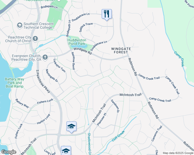 map of restaurants, bars, coffee shops, grocery stores, and more near 501 Raintree Hill in Peachtree City