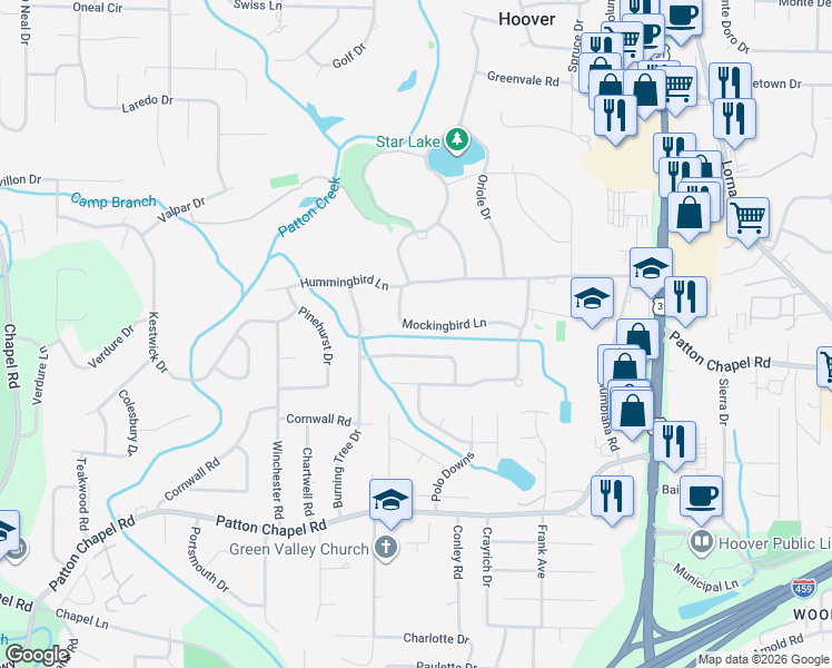 map of restaurants, bars, coffee shops, grocery stores, and more near 3227 Mockingbird Lane in Birmingham