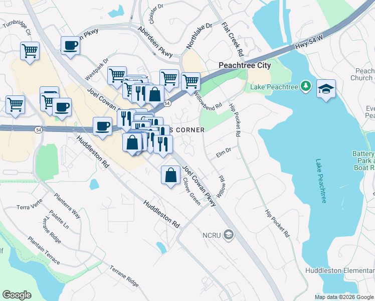 map of restaurants, bars, coffee shops, grocery stores, and more near 202 Twiggs Corners in Peachtree City