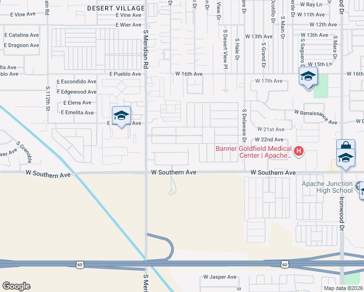 map of restaurants, bars, coffee shops, grocery stores, and more near 2101 South Meridian Road in Apache Junction