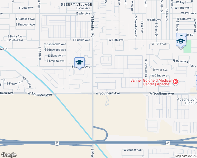 map of restaurants, bars, coffee shops, grocery stores, and more near 2101 South Meridian Road in Apache Junction