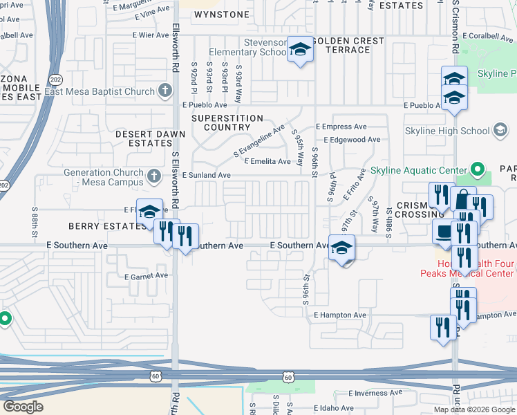 map of restaurants, bars, coffee shops, grocery stores, and more near J North in Mesa