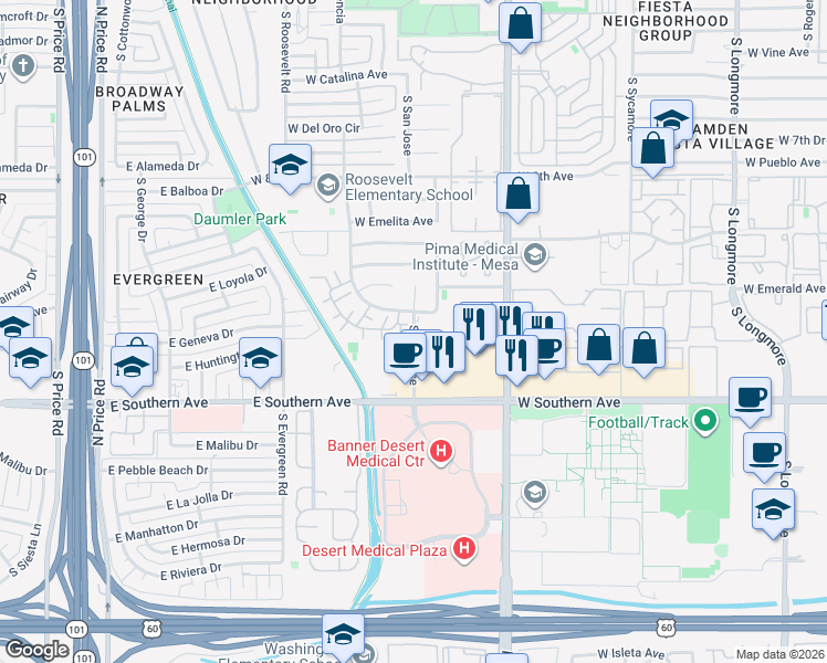 map of restaurants, bars, coffee shops, grocery stores, and more near 1020 South Santa Barbara in Mesa