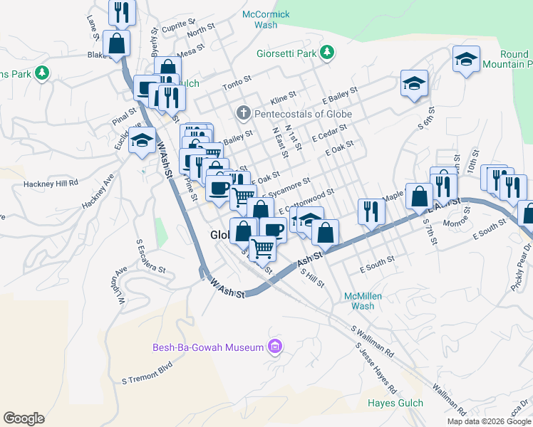 map of restaurants, bars, coffee shops, grocery stores, and more near 390 East Sycamore Street in Globe