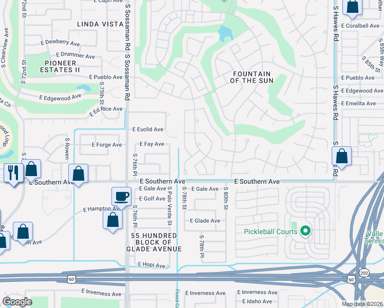 map of restaurants, bars, coffee shops, grocery stores, and more near 1021 South 78th Place in Mesa