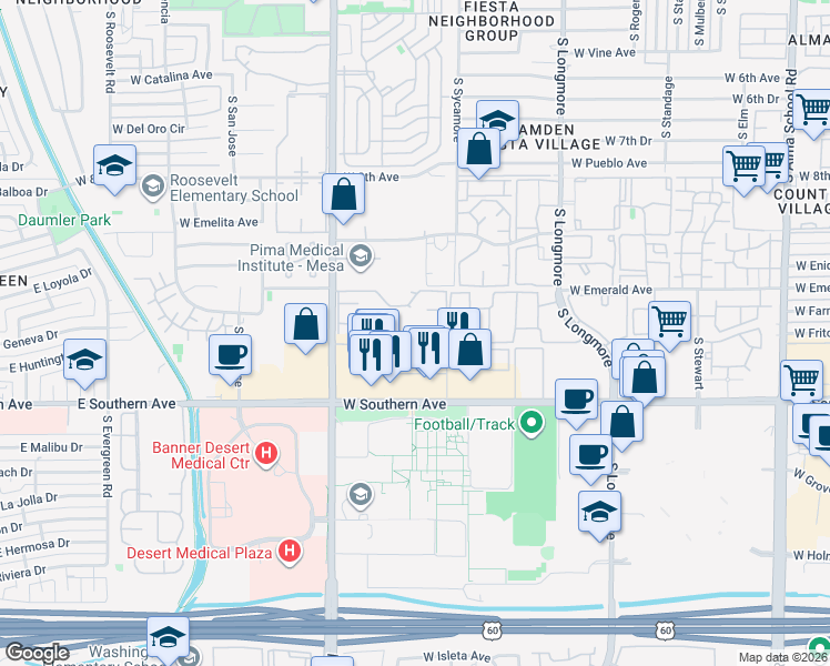 map of restaurants, bars, coffee shops, grocery stores, and more near 1868 Continental Townhouses in Mesa