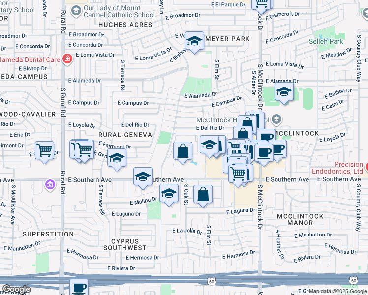 map of restaurants, bars, coffee shops, grocery stores, and more near 1301 East Del Rio Drive in Tempe