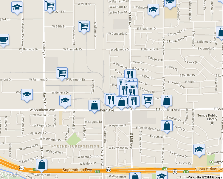 map of restaurants, bars, coffee shops, grocery stores, and more near 122 West Geneva Drive in Tempe