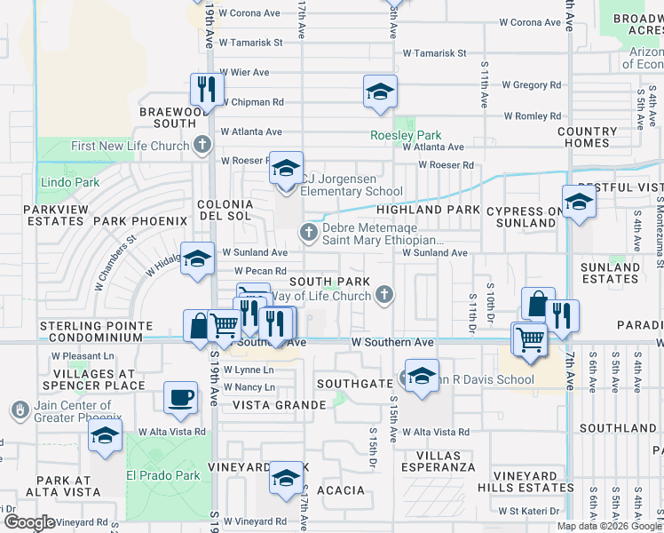 map of restaurants, bars, coffee shops, grocery stores, and more near 1623 West Sunland Avenue in Phoenix