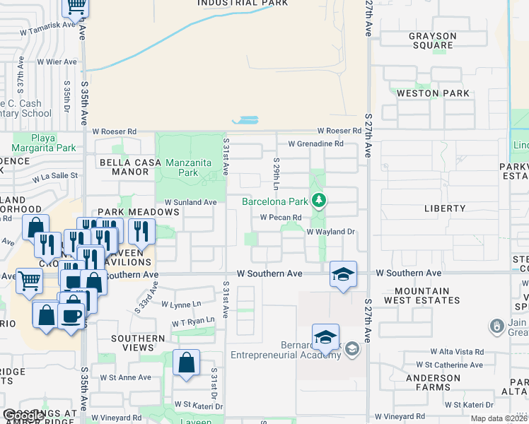 map of restaurants, bars, coffee shops, grocery stores, and more near 5518 South 29th Lane in Phoenix