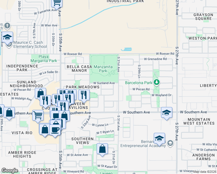 map of restaurants, bars, coffee shops, grocery stores, and more near 3133 West Sunland Avenue in Phoenix