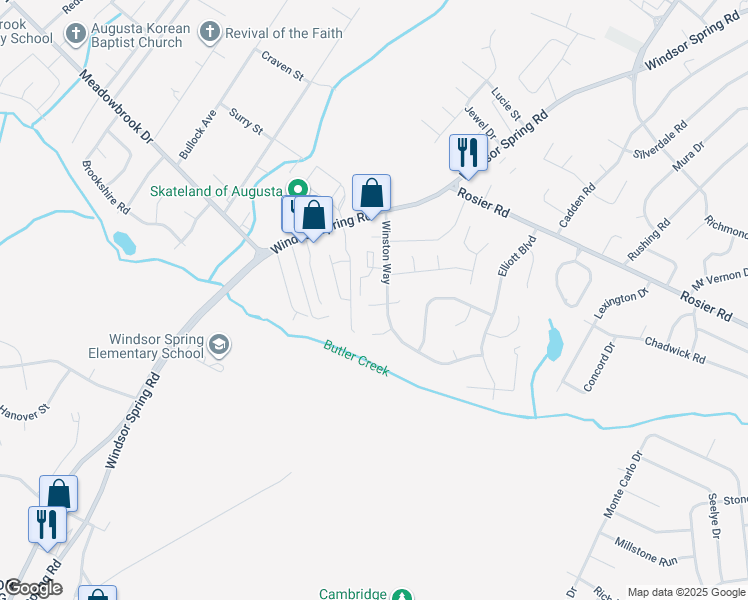 map of restaurants, bars, coffee shops, grocery stores, and more near 2342 Winston Way in Augusta