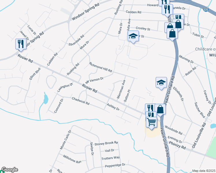 map of restaurants, bars, coffee shops, grocery stores, and more near 2105 Hobson Court in Augusta
