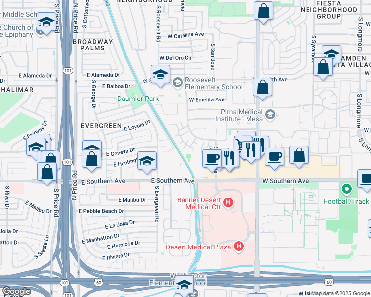map of restaurants, bars, coffee shops, grocery stores, and more near 2233 West Farmdale Avenue in Mesa